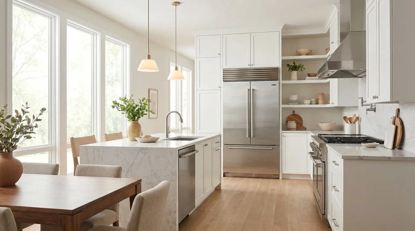 Modern luxury kitchen with premium appliances showcasing Buy More Save More sale event