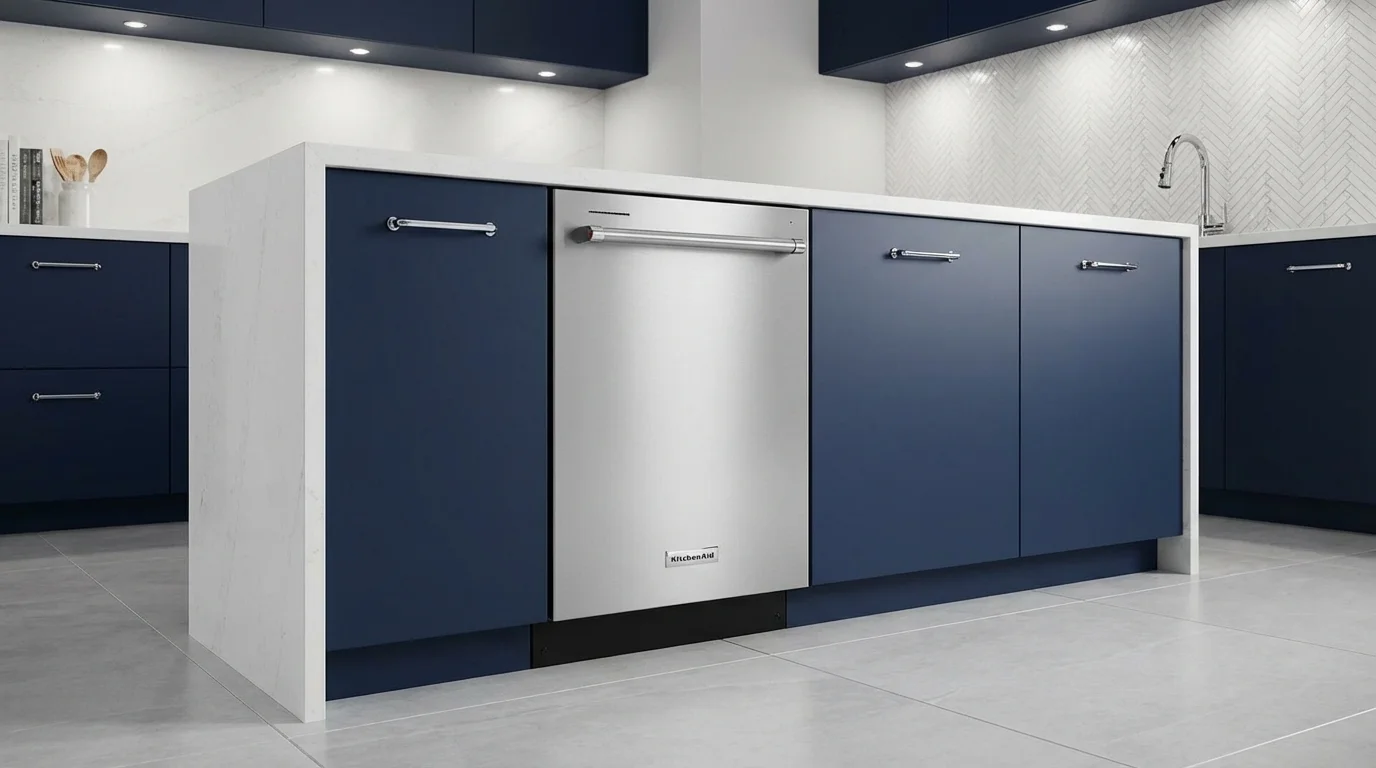 KitchenAid KDTE204KPS quietest dishwasher at 39 dBA in contemporary navy blue kitchen