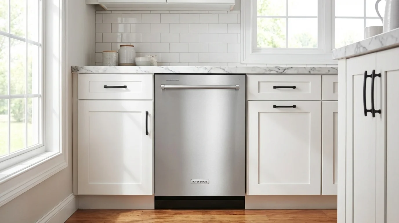 KitchenAid KDTM404KPS stainless steel dishwasher installed in white farmhouse kitchen with marble countertops