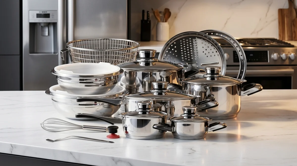 Nutri-Stahl 22-piece stainless steel cookware set displayed in premium Bosch kitchen