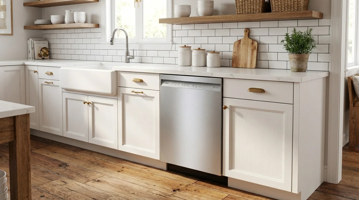 Bosch 100 Series SHE41CM5N dishwasher in modern farmhouse kitchen