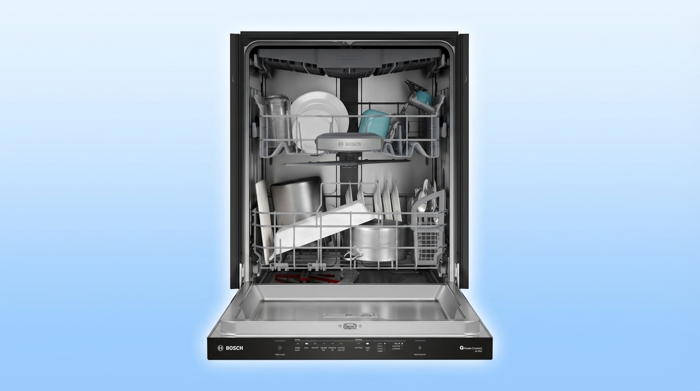 Bosch 500 Series dishwasher interior showing stainless steel tub and rack layout