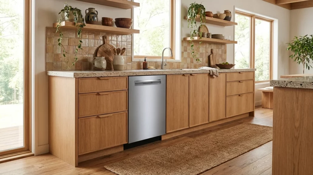 Bosch 800 Series SHP78CM5N dishwasher with pocket handle in organic modern kitchen