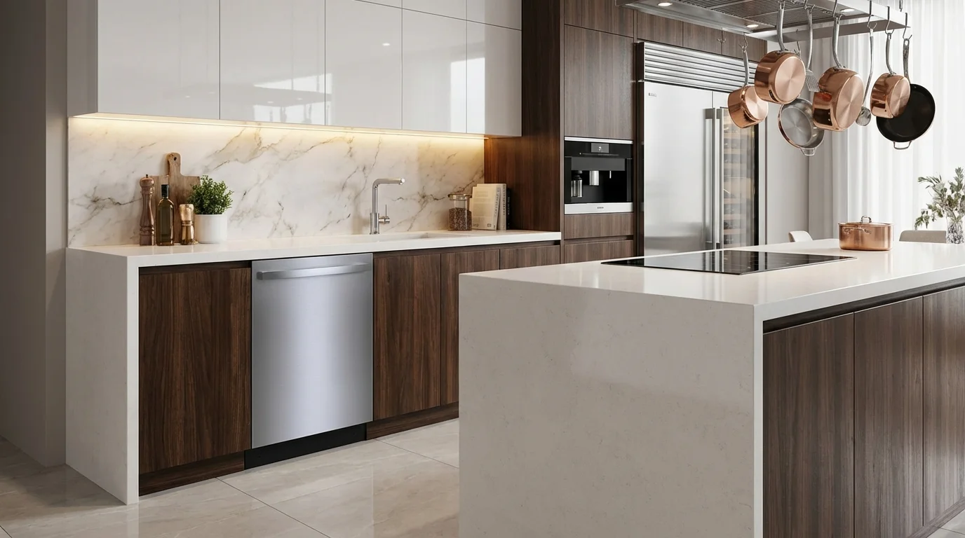 Bosch 800 Series SHX78CM5N dishwasher with bar handle in luxury contemporary kitchen