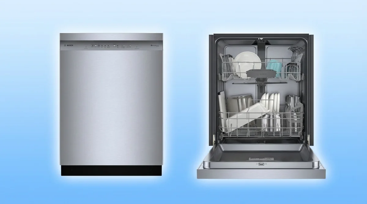 Bosch 100 Series dishwasher SHE41CM5N showing stainless steel exterior and interior rack configuration