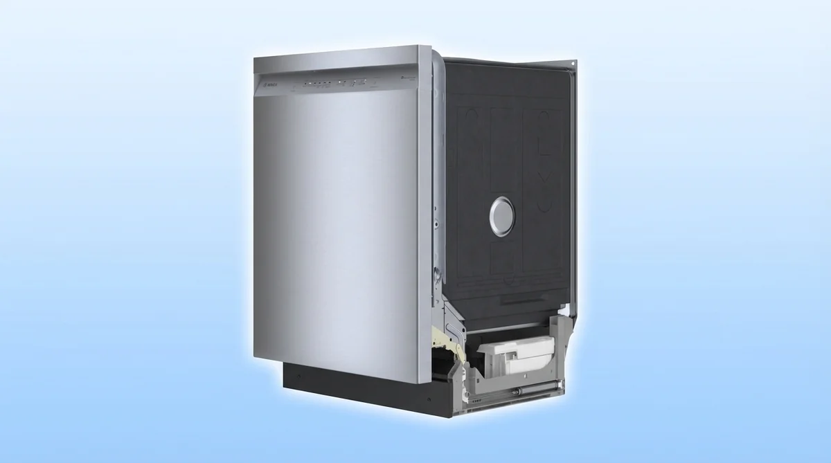 Bosch 100 Series dishwasher engineering cutaway showing internal components and build quality