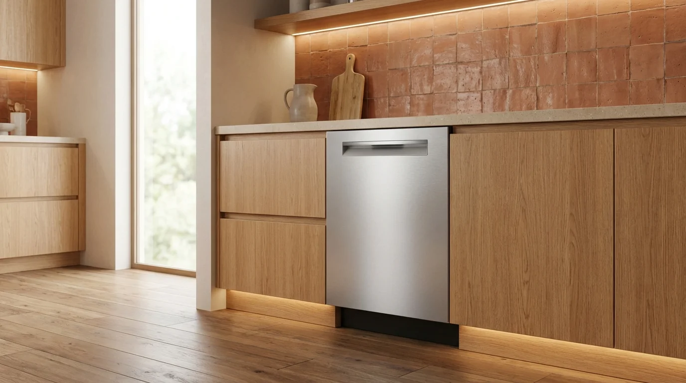Bosch 500 Series SHP65DM5N dishwasher in a contemporary kitchen with terracotta tile backsplash