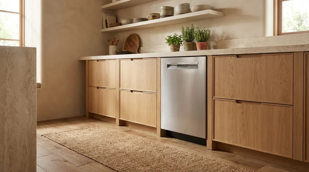 Bosch 800 Series SHP78CM5N dishwasher in a warm minimalist kitchen with light oak cabinets