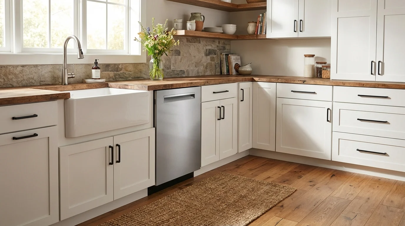 Bosch Benchmark SHP9PCM5N dishwasher in a modern farmhouse kitchen