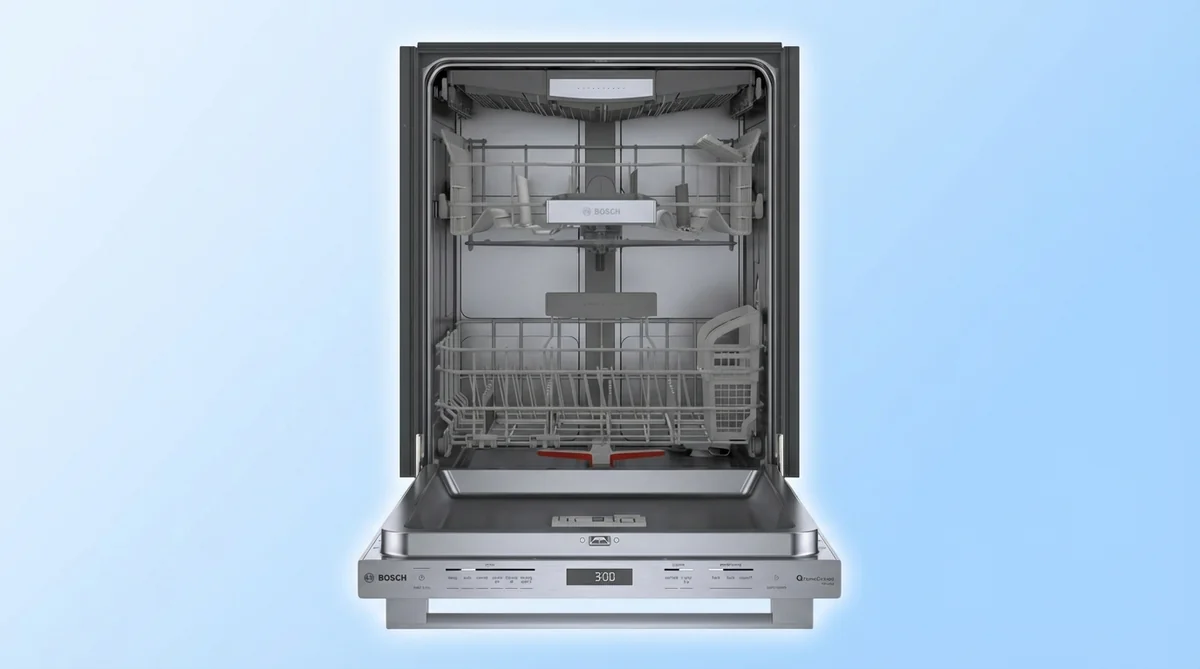 Bosch SHX78CM5N interior showing three-level rack system with flexible tines and third rack for silverware