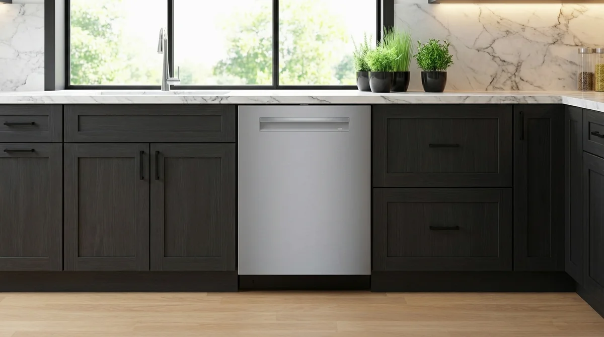 Bosch SHP78CM5N dishwasher with pocket handle in luxury contemporary kitchen with dark cabinets and marble