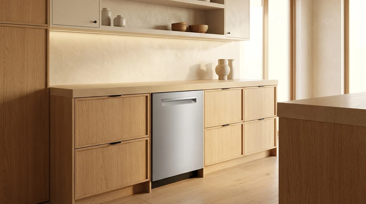 Bosch SHP78CM5N pocket handle dishwasher in warm minimalist kitchen with light wood cabinets