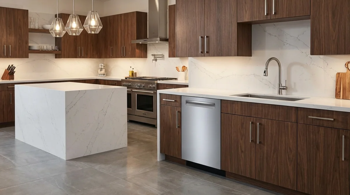 Bosch 500 Series SHP65DM5N dishwasher in luxury contemporary kitchen with white quartz countertops