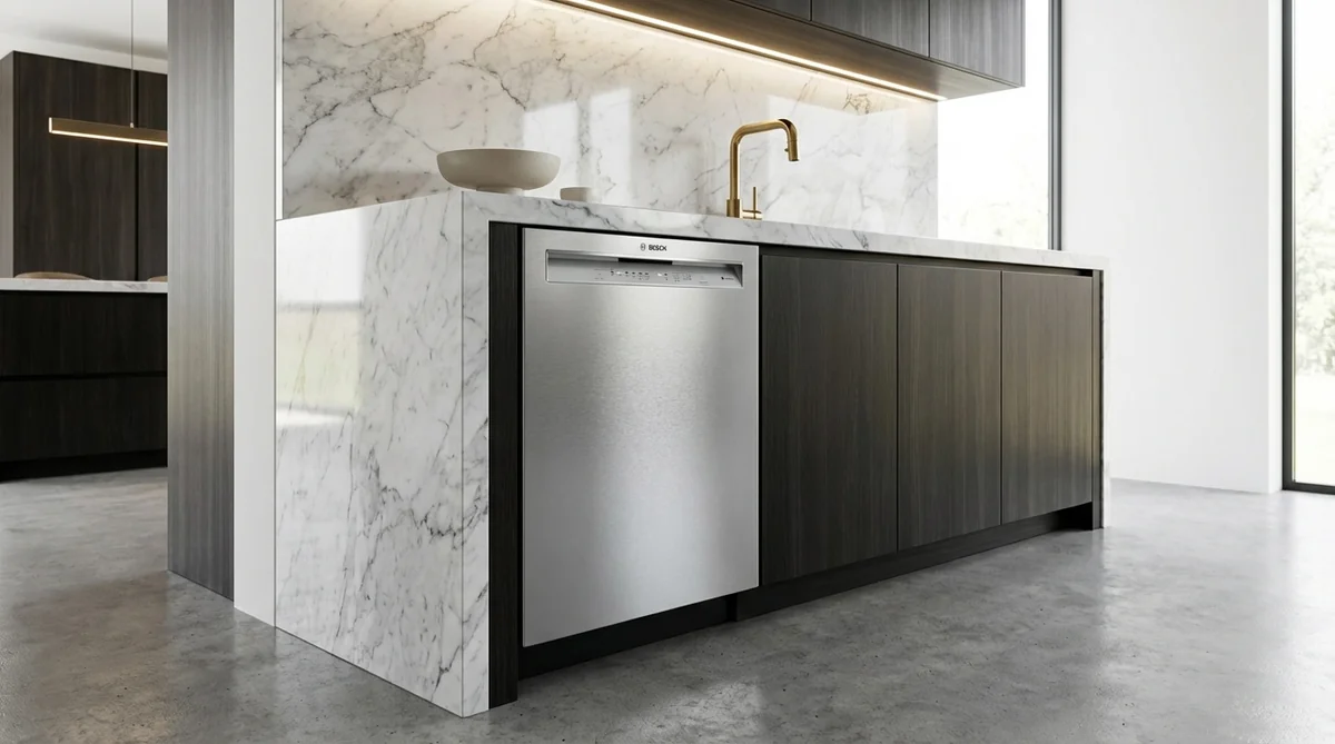 Bosch 100 Series SHE41CM5N dishwasher in luxury contemporary kitchen with marble countertops