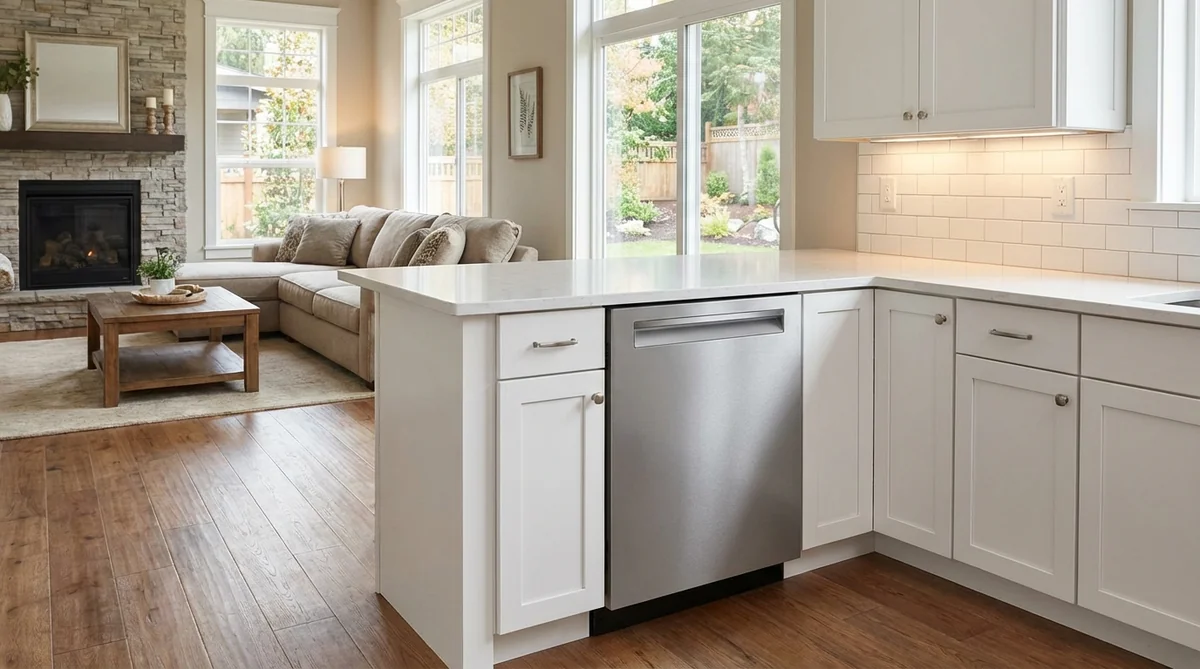 Bosch 500 Series SHP65DM5N dishwasher in open-concept kitchen with living room visible