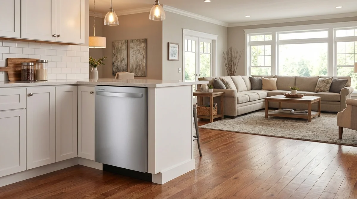 Bosch 800 Series SHX78CM5N 42 dBA dishwasher in open-concept kitchen with living room