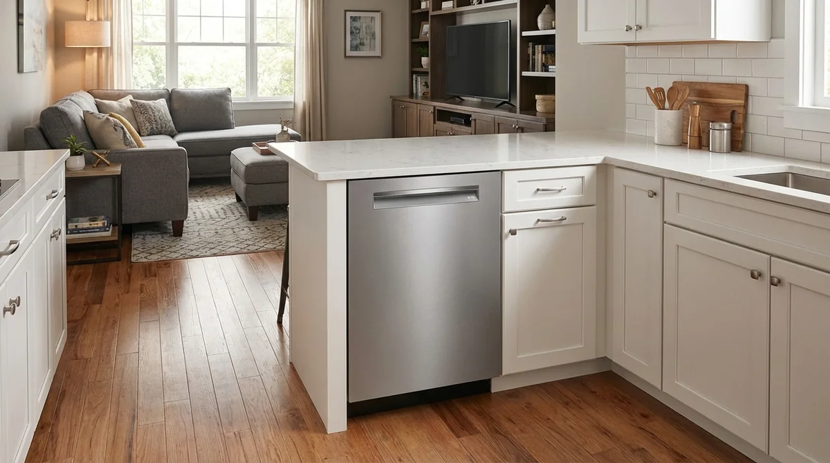 Bosch Benchmark SHP9PCM5N dishwasher in open-concept kitchen showing proximity to living area