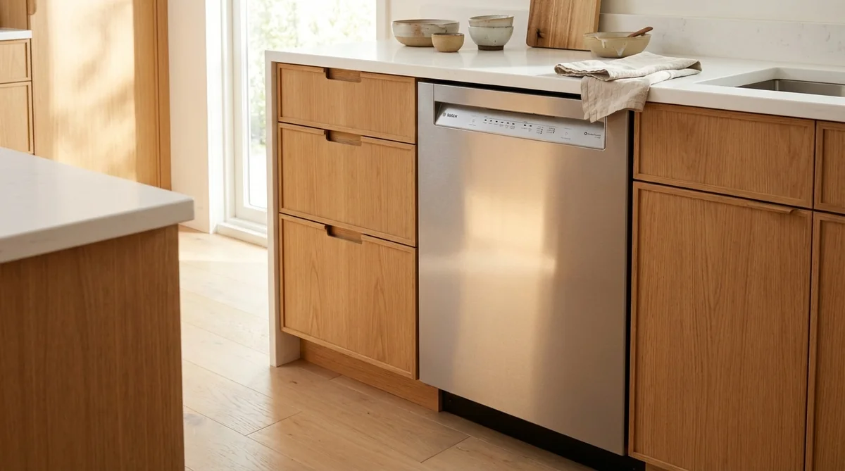 Bosch 100 Series SHE41CM5N dishwasher in warm minimalist kitchen with light wood cabinets