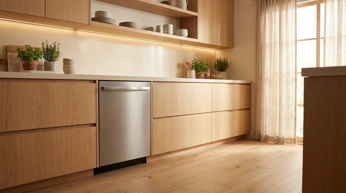 Bosch 800 Series SHX78CM5N dishwasher in warm minimalist kitchen with light wood cabinets