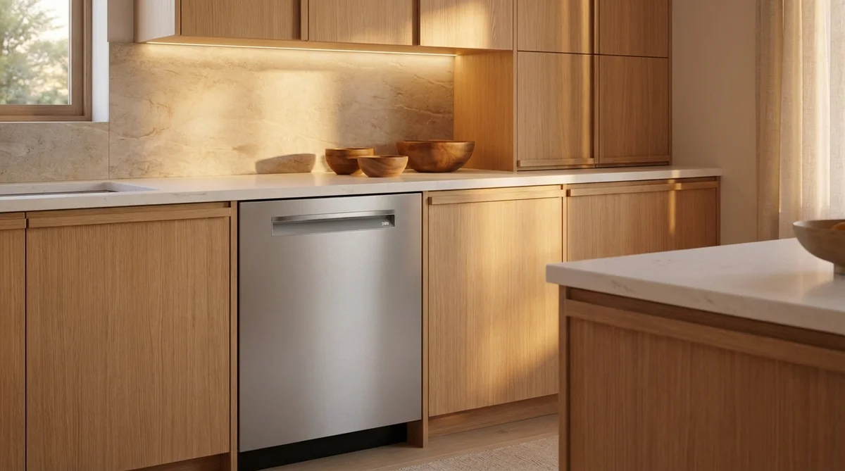Bosch Benchmark SHP9PCM5N dishwasher in warm minimalist kitchen with evening lighting