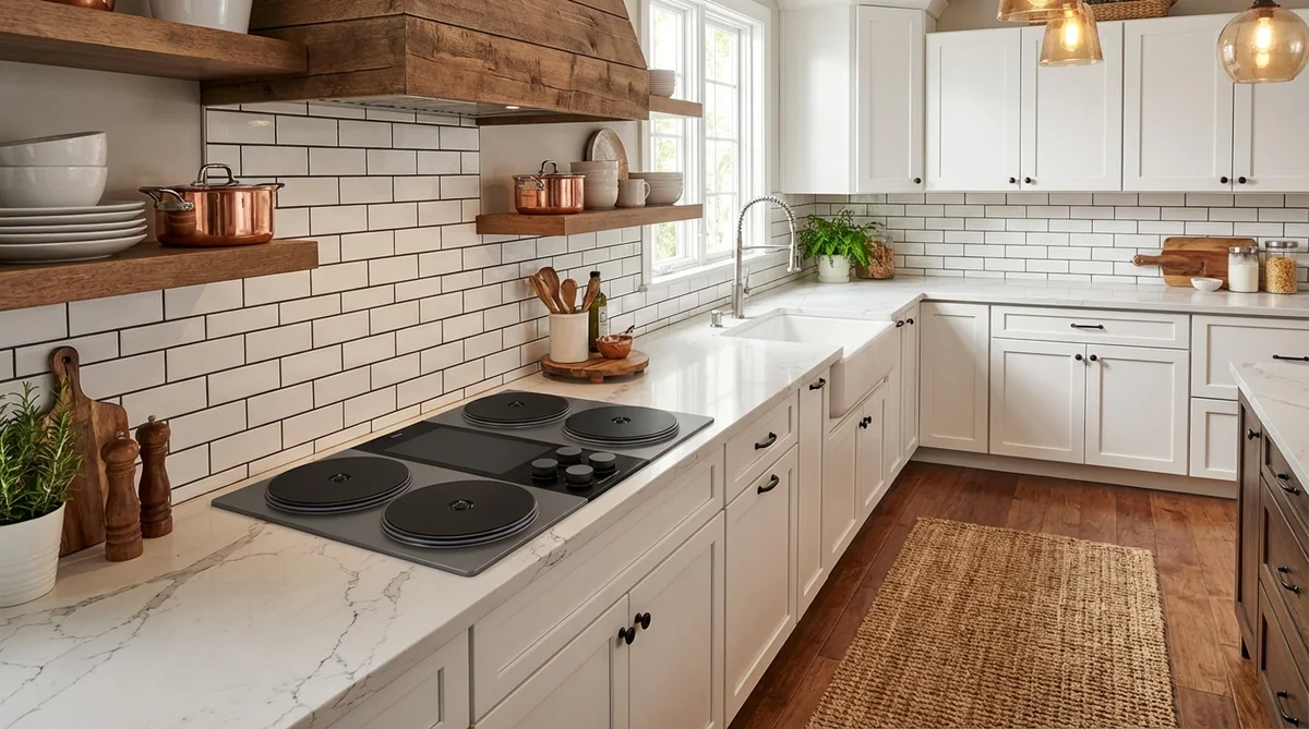 Zephyr HyperCore 120V induction cooktop installed in modern farmhouse kitchen with white shaker cabinets
