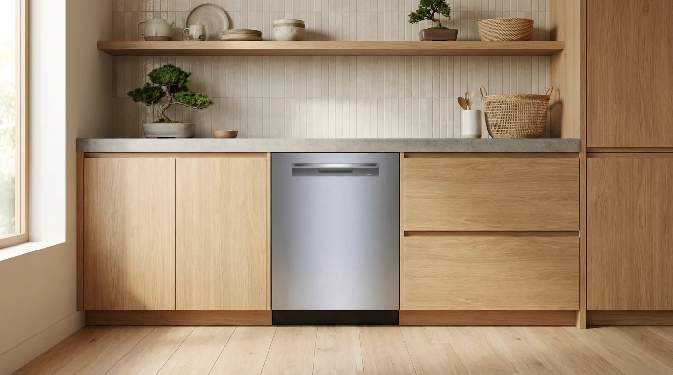 Bosch 800 Series pocket handle dishwasher closed in a Japandi-style kitchen with light oak cabinetry