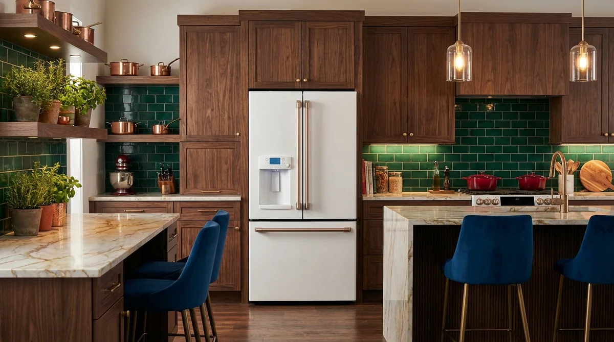 Cafe Matte White French Door Refrigerator with Brushed Brass hardware in a warm modern kitchen with dark wood cabinets