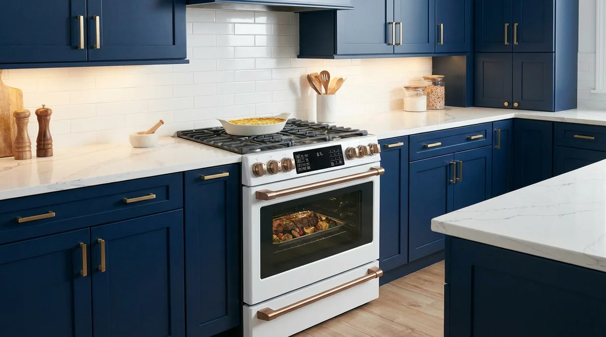 Cafe Matte White Double Oven Gas Range with brass hardware in a kitchen with navy blue cabinets and marble countertops