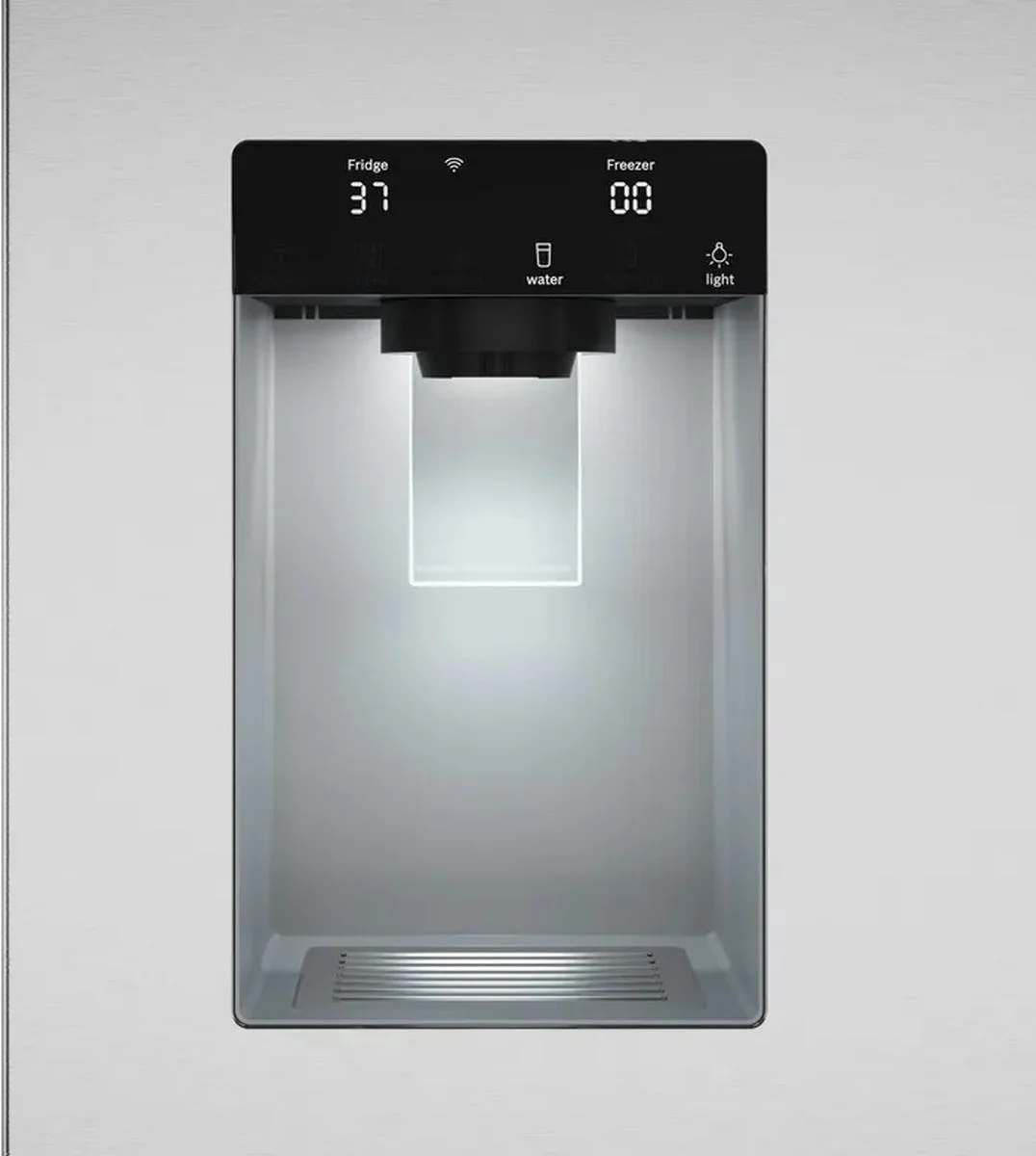 Close-up of the Bosch B36CD10ENS dispenser control panel displaying Fridge and Freezer temperatures, Wi-Fi indicator, water, ice, and light touch buttons