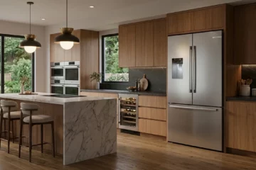 Bosch B36CD10ENS counter-depth French door refrigerator in a quiet luxury kitchen with walnut cabinetry and marble waterfall island