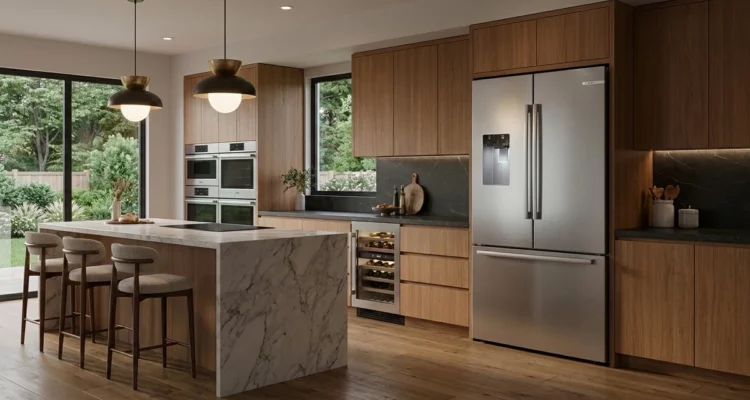 Bosch B36CD10ENS counter-depth French door refrigerator in a quiet luxury kitchen with walnut cabinetry and marble waterfall island