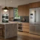 Bosch B36CD10ENS counter-depth French door refrigerator in a quiet luxury kitchen with walnut cabinetry and marble waterfall island