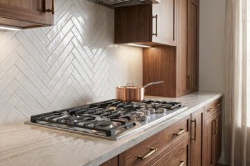 Gas cooktop in a quiet luxury kitchen with walnut cabinetry and marble countertops