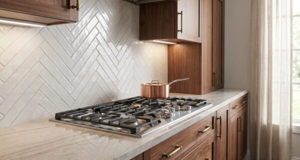 Gas cooktop in a quiet luxury kitchen with walnut cabinetry and marble countertops