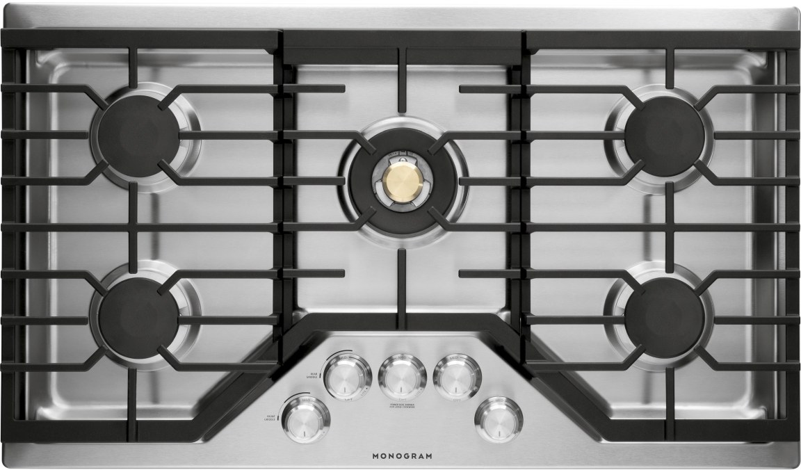 Monogram 36 inch deep-recessed gas cooktop with visible flames