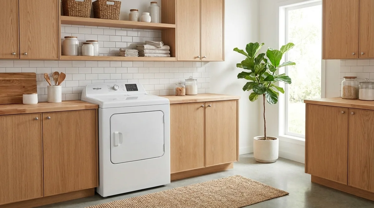 Whirlpool WED4105SW 7.0 cu ft electric dryer in a Scandinavian laundry room with warm oak cabinets and white tile backsplash