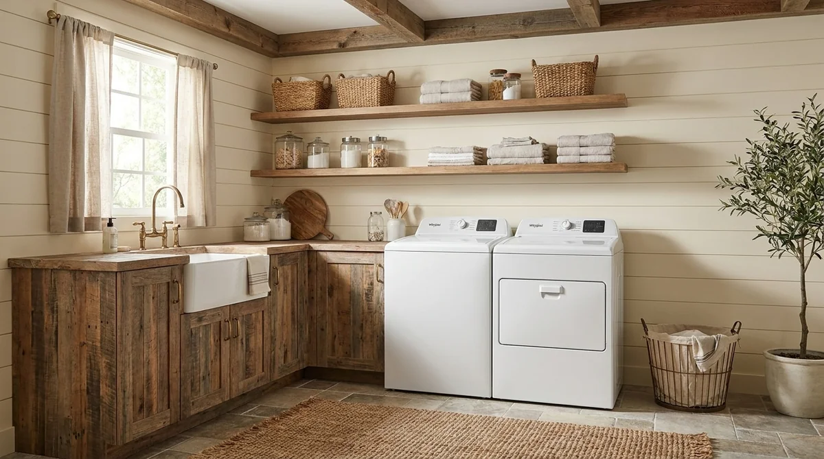 Whirlpool WED4307SW electric dryer with drop-down hamper door in a California coastal laundry room with reclaimed wood cabinets