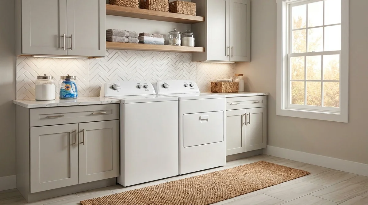 Whirlpool WED4850HW electric dryer beside matching top-load washer in a transitional laundry room with greige shaker cabinets