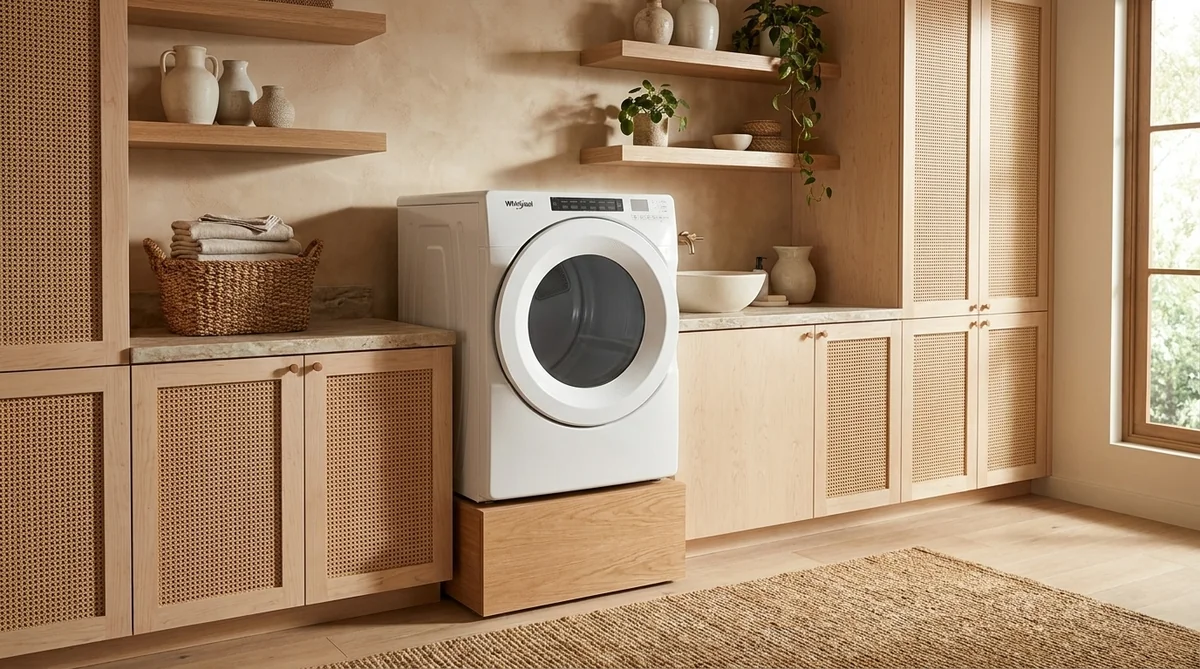 Whirlpool WED5620HW front-control electric dryer on a pedestal in an organic modern laundry room with cane cabinet doors and plaster walls