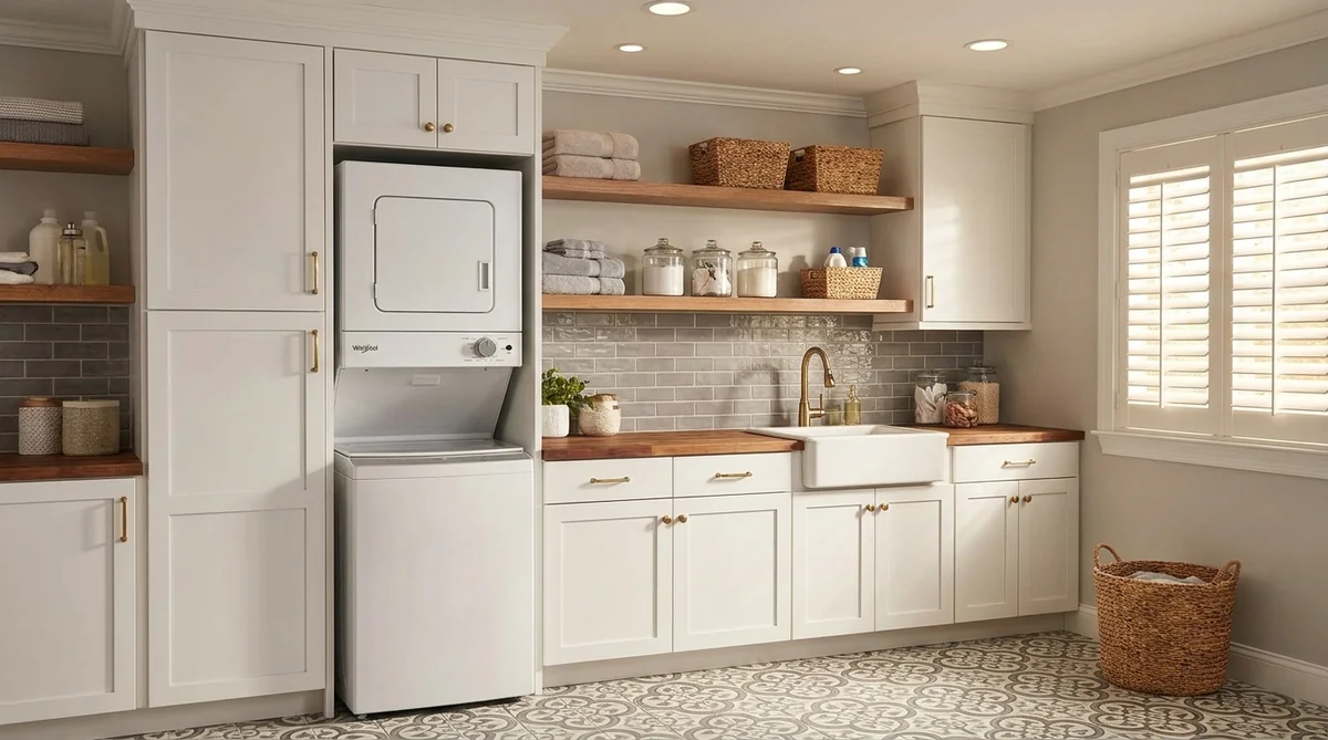 Whirlpool WET4124HW stacked laundry center built into a Japandi-style laundry room with white cabinetry and mosaic tile floor