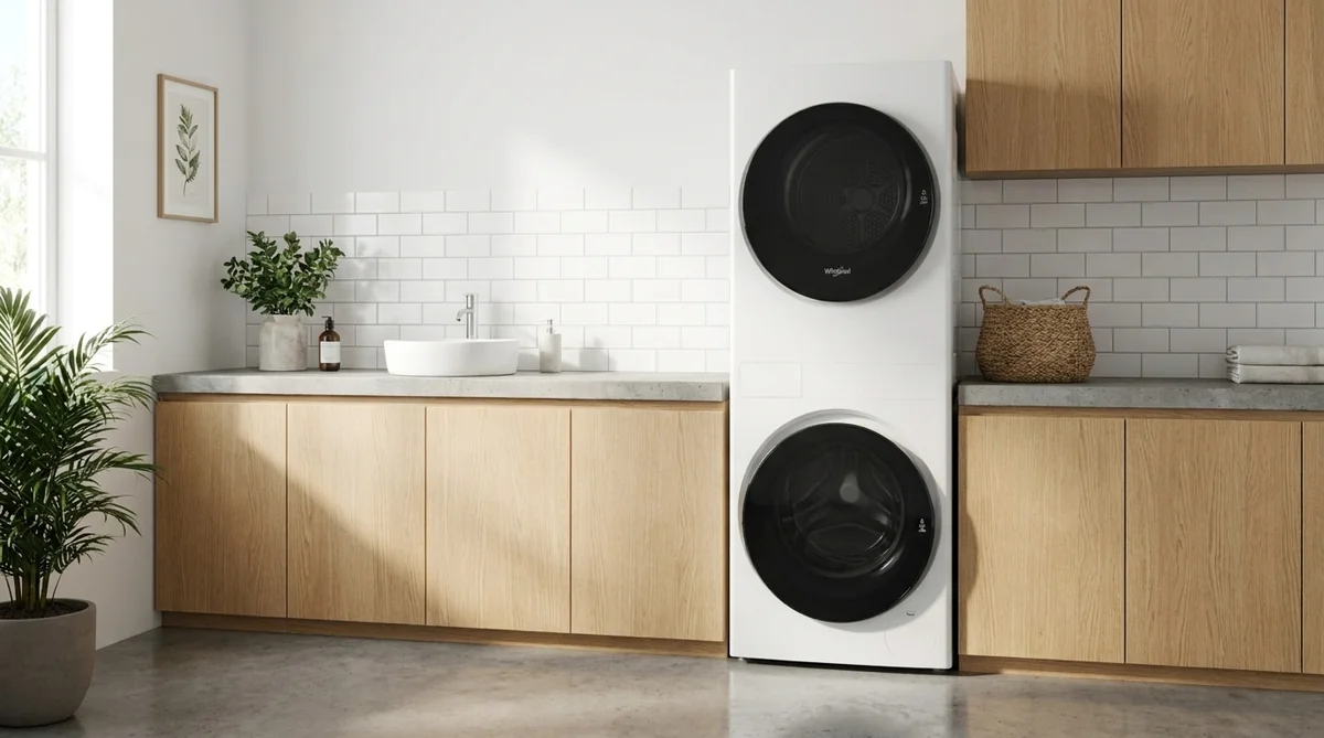 Whirlpool WFH5424SW ventless heat-pump stacked washer dryer in a modern apartment laundry with white subway tile and oak cabinetry