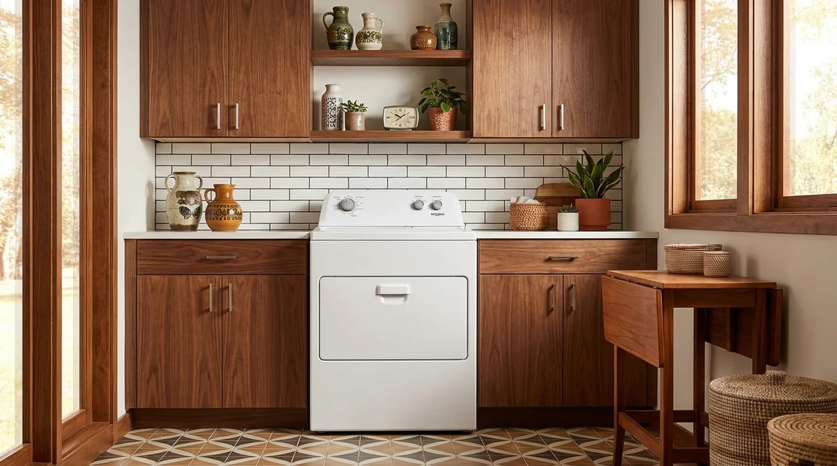 Whirlpool WGD4850HW gas dryer in a mid-century modern laundry room with walnut cabinets and geometric tile floor