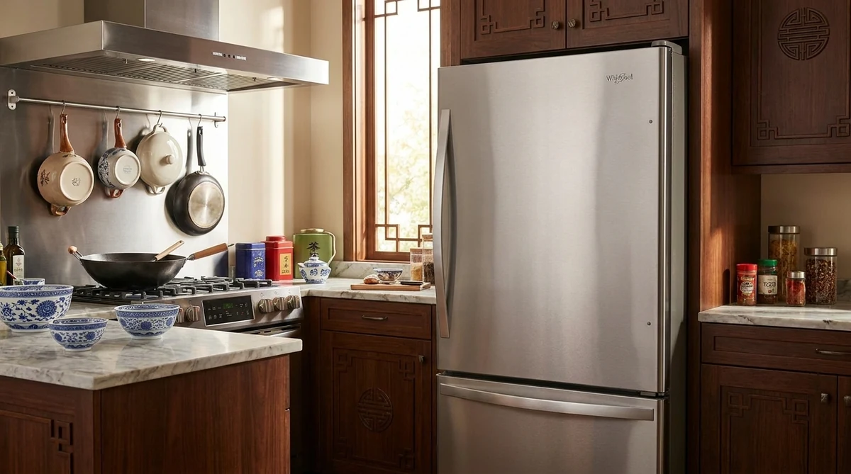 Whirlpool WRB322DMBM 33-inch stainless steel bottom-freezer refrigerator in a richly appointed Chinese-style kitchen with carved wood cabinetry