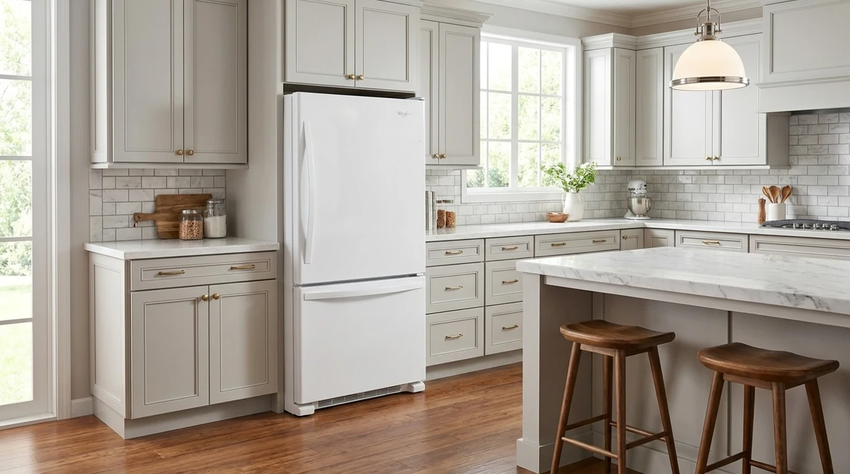 Whirlpool WRB329DMBW 30-inch white bottom-freezer refrigerator in a soft transitional kitchen with taupe cabinetry and marble island