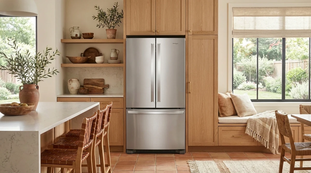 Whirlpool WRF535SMHZ 36-inch stainless steel French door refrigerator in a California chic kitchen with warm oak and garden views