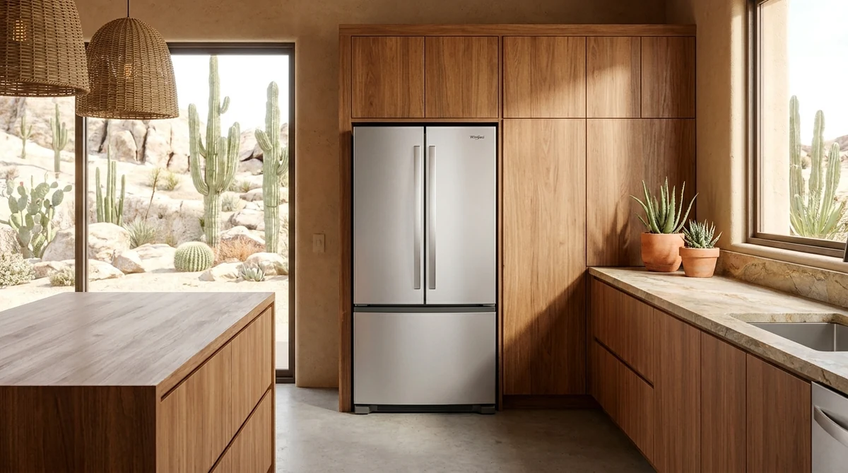 Whirlpool WRFF3336SZ 36-inch stainless steel French door refrigerator with 30.5 cubic feet capacity in a desert modern kitchen