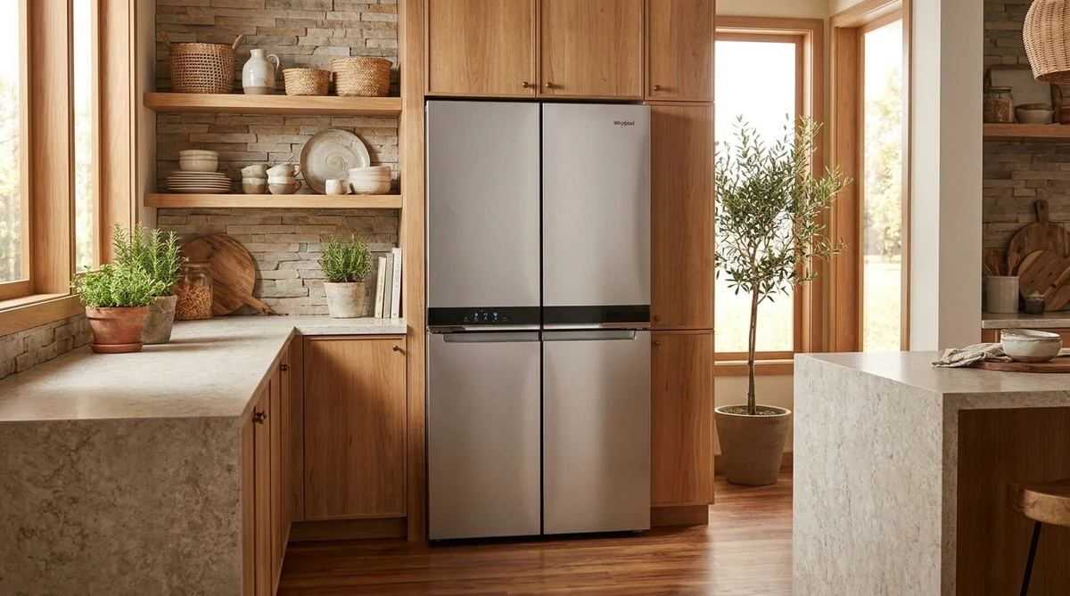 Whirlpool WRQA59CNKZ 36-inch counter-depth 4-door French door refrigerator in stainless steel set flush in an organic modern kitchen