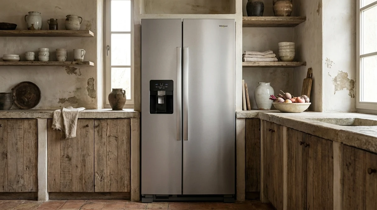 Whirlpool WRS325SDHZ 36-inch stainless steel side-by-side refrigerator with in-door ice and water dispenser in a wabi-sabi kitchen