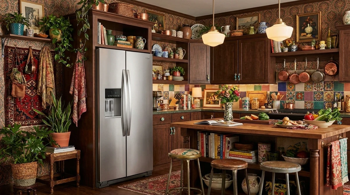 Whirlpool WRSC5536RZ 36-inch counter-depth side-by-side refrigerator in stainless steel in a curated maximalist kitchen with colorful tile