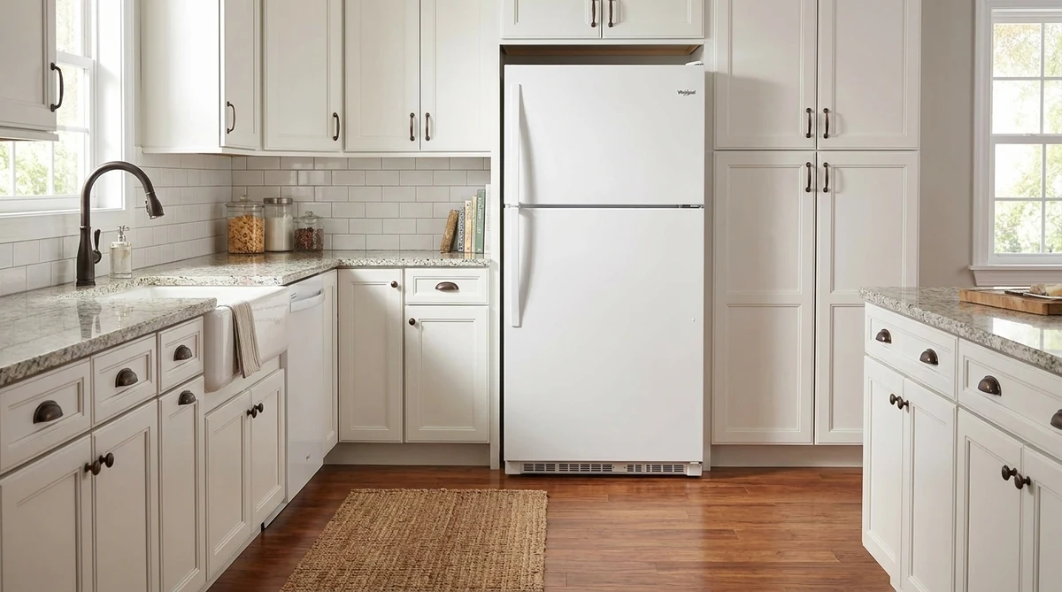 Whirlpool WRT311FZDW 33-inch white top-freezer refrigerator in a bright modern-traditional kitchen with white shaker cabinets